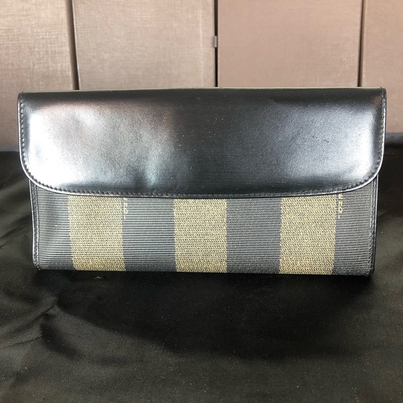 FENDI PEQUIN PECAN Black and Grey Stripe Full Length Trifold Wallet - Picture 3 of 16